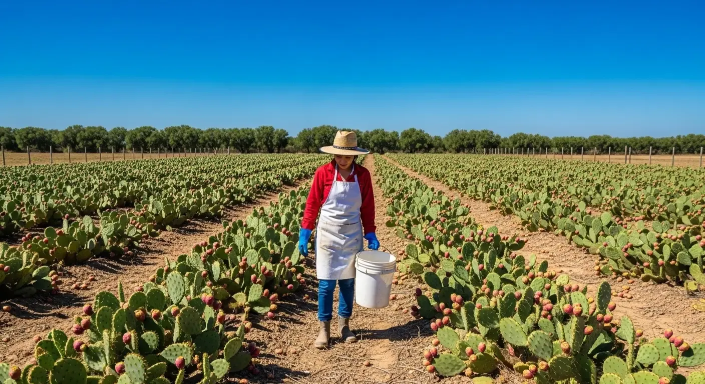Trabajador recolectando tunas frescas en campo de nopales - Coratuna productos mexicanos